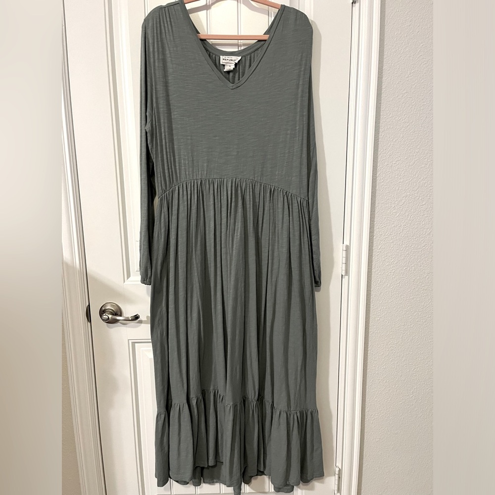 For the Republic Maxi Dress Olive Green Cotton Jersey material long sleeve